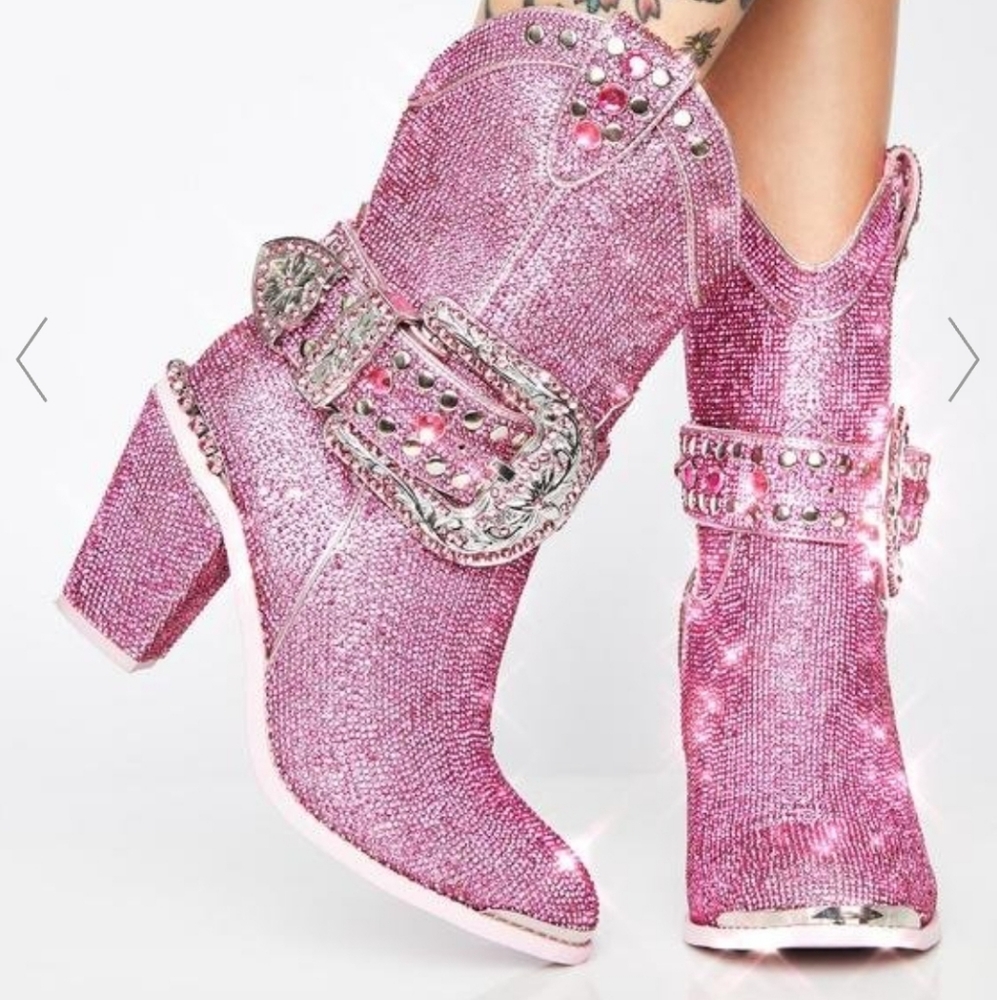 Dolls Kill Club Exx Sheriff Shine Pink Bling Cowboy Boots